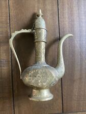 Vintage Brass TEAPOT/PITCHER/GENE BOTTLE 9” tall, ENGRAVED Comes With $ Inside picture