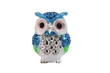 1 Bejeweled Box Blue Little Owl Hinged Metal Enameled Crystal Trinket Box picture