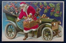 ~SILK ~SANTA CLAUS in Car~Toys~ Basket~Monkey~Doll~Holly CHRISTMAS Postcard~k255 picture