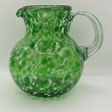 Hand Blown Pitcher Decorative Green White Splatter Heavy Glass Large picture