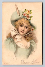 c1904 PMC Postcard Art Portrait Beautiful Woman in Plumed Floral Hat picture