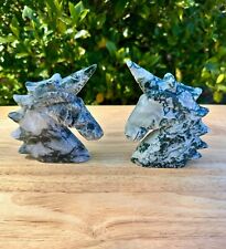 Large 6 in. Moss Agate Unicorn Carved Crystal, Very Good Condition picture