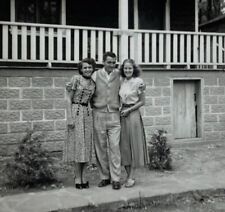 Handsome Man With Two Pretty Women In Front Of House B&W Photograph 3.5 x 3.5 picture