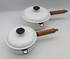 2 Vintage Le Creuset White Cast Iron Sauce Pans Pots #17 #20 Teak Wood Handles picture