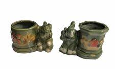 S/2 Vintage Ceramic Green Elephant Vases/Planters “Lucky Trunk Up