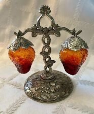 Rare Vintage Ruby Red Glass Hanging Strawberry Salt & Pepper Shakers Metal Stand picture