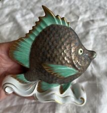 HEREND Tropical Green & Brown Fish on Wave Porcelain Figurine 5255 picture