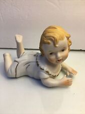 Vintage Bisque Piano Baby Figurine Blonde Hair Laying On Belly  5 1/2