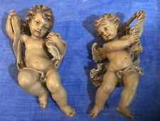 Set Of 2 ANRI 8” Wood Carving Of Angel/Cherub Hanging Figurines Made In Italy picture