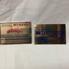 Lot of 2 Vintage MUSTER 1970's Car Show Tin Metal Dash Plates Plaques Michigan picture