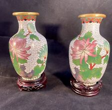 Vintage Pair White Cloisonne  w/ Peony Vases 5 inch tall with wooden stands picture