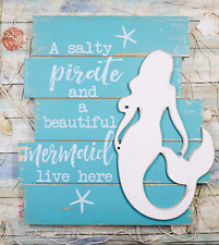 Ebros Vintage Nautical Surfing Mermaid With Starfishes Blue Wall Decor Sign A A picture