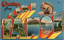 Large Letter Greetings from Lake Tahoe, California- Linen Postcard - Squirrel picture