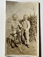 1920s Brothers on High Wheel type Tricycle Picket Fence vintage Photo Snapshot picture
