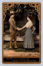Old Antique Postcard WW1 Soldier Departing Girl Romance Uniform Lovers Vintage picture