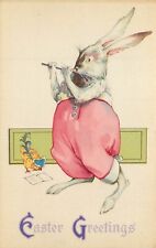 Stecher Postcard 787D Dressed Rabbit Musician Plays Tin Whistle Easter Greetings picture