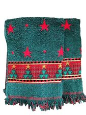 2 Vintage Fieldcrest Red Green Christmas Tree Stars Hand Towels USA 12x18 picture