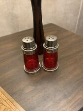 Vintage Red Glass & Brass  Salt And Pepper Shakers Retro Style Chrome tops picture