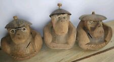 Vintage Hand Carved Coconut Monkey Figurines W/Hats & Glasses, Banks Lot Of 3 picture