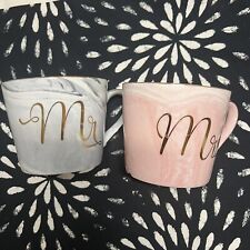 NWOT Wedding Anniversary Mr. and Mrs. Coffee Mugs Marbled Blue and Pink picture