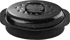 13Inch Roasting Pan, Enamel on Steel, Black Covered Oval Roaster Pan with Lid, S picture