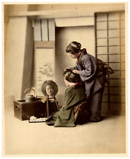 Japan, Vintage Hairdressing Print, Albumin Print Watercolor 26x21 Circ picture