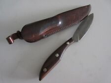 RARE VINTAGE PREOWNED CANADIAN RUSSELL WOOD HANDLE BELT KNIFE cw LEATHER SHEATH picture