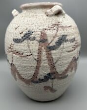 Vin. Japan Shino-ware Pink Gray Floral Japanese White Glazed Pottery Vase Signed picture