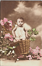 RPPC Pastel Hand Tint Baby White Dress Basket Flowers Paris Studio Posed N-311 picture