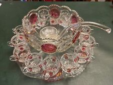 VTG TIFFIN Moon and Stars Pattern Glass PUNCH BOWL With Ladle 14cups Glass Tray picture