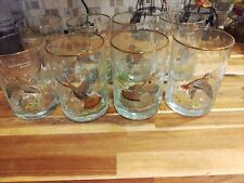 Rare Ned Smith Wild  Birds Vintage Low Ball Gold Rimmed Glasses Set Of 8 picture