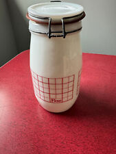 Vintage Wheaton Milk Glass Flour Canister White w/ Red Design Clamp Closure picture