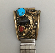 R Nessie Navajo Watch Should Cap Turquoise Coral Leaf Design 12k Gold Filled picture