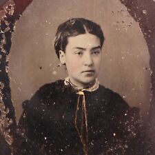 Small Antique Tintype Photo of Very Beautiful Young Woman Gold Necklace picture