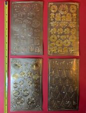 4 Vintage 1970s Embossed Gold Vinyl Diecut Christmas Sticker Sheets Detailed 70s picture