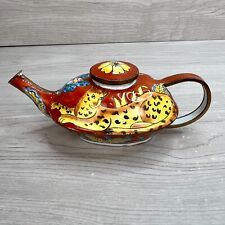 Vintage Mini Enamel Teapot Cheetah Wild Cat Floral Red W/ Lid Elongated Repaired picture