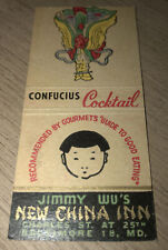 1940s-50s Jimmy Wu’s New China Inn Baltimore Maryland Confucius Coctail Matchboo picture