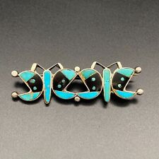 Petite Vintage Zuni Native Butterfly Turquoise Jet Silver Pin Brooch picture