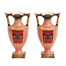 Pair Royal Crown Derby Hand Painted Porcelain Vases Pink Red Gilt 1893 picture