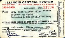 PASS ILLINOIS CENTRAL SYSTEM  Jean Oliver Allen  SIGNED 1938-39 picture