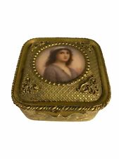 Antique Gilt Metal Dresser Jewelry Box Miniature Portrait Painting Circa 1890 picture