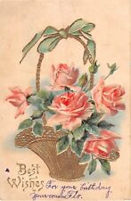 Gilded 1909 Best Wishes PC of Golden Basket Filled With Beautiful Pink Roses picture
