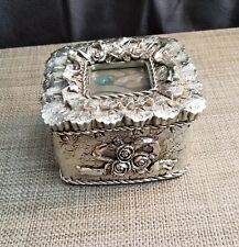 Vintage Ornate Trinket Jewelry Box Silver Tone Roses Ribbons Ruffles Picture picture