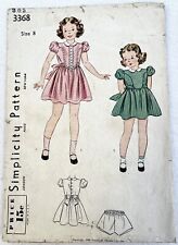 Vtg ORIGINAL Simplicity 3368 Pattern ©1940 Childs Dress & Panties Sz 8 Chest 26