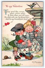 c1910's Valentine Children Scared Snail Bird Fan Posted Antique RPO Postcard picture