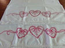 Vintage hand Embroidered flowers & hearts on pillow cases, 20 by 31