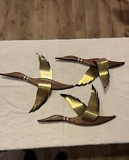 Vtg Masketeers Ducks /Geese Birds Flying formation set 3 wood Brass wall art MCM picture