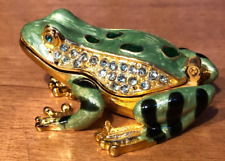 Gorgeous Green Enamel Frog Trinket Box - Jeweled Gold Tone w/ Magnetic Closure picture