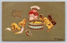 Artist Signed W. Langner Antique Easter Greetings Chickens Watch Chef Cook Corn picture