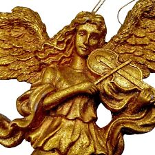 Vintage Ornate Gold Guilded Regency Angel Playing Violin Ornament 9x14